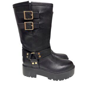 Marc Fisher Black Combat Boots with Gold Buckles